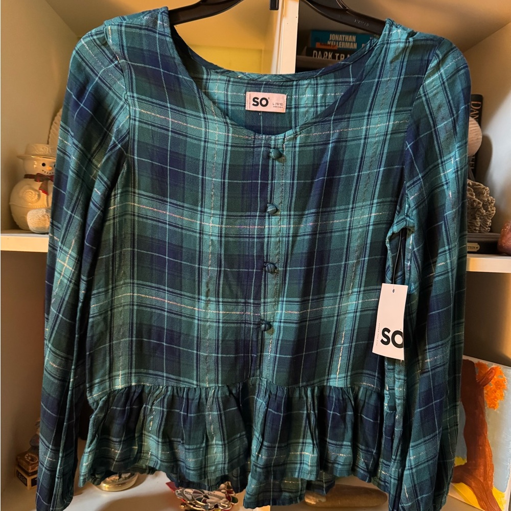 Girl’s SO Long Sleeve Plaid Shirt - Blue and Green Ruffle Bottom NWT #1
